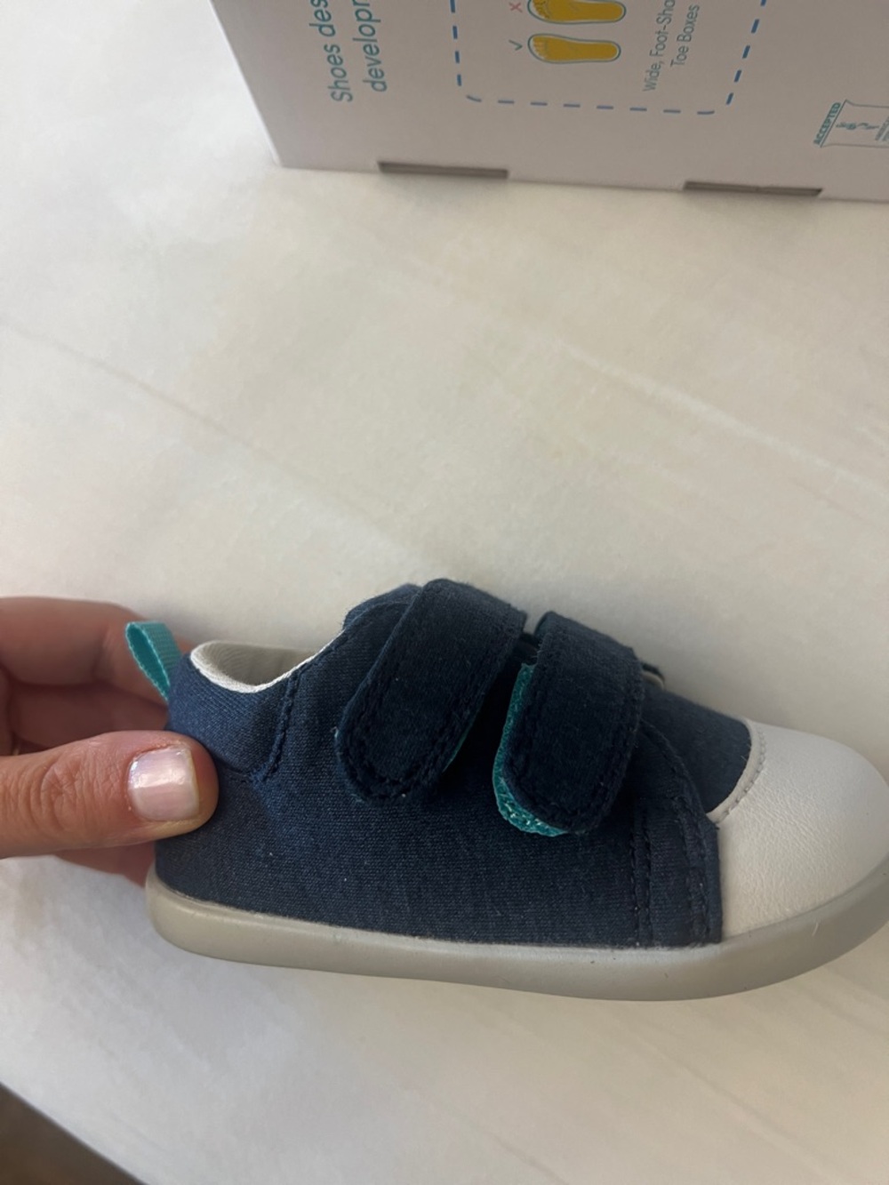 Baby Navy and White Velcro Walker Shoe with Teal Pull Tab